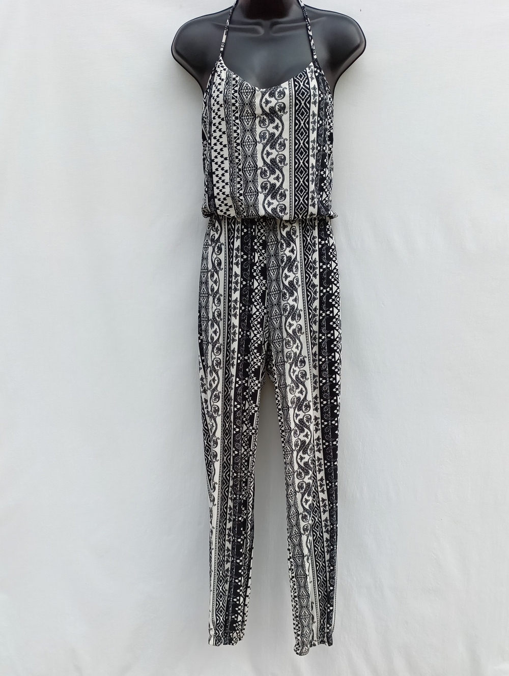 Streetwear Society Black & White Striped Print Halter Jumpsuit, Super Soft, Mild